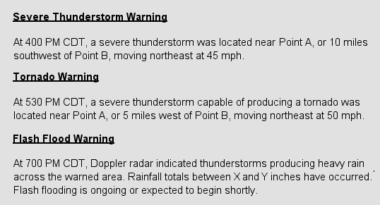 Generally speaking, the location of the hazard is not defined as clearly in Flash Flood Warnings as Severe Thunderstorm and Tornado Warnings given a plethora of creeks and streams to consider.