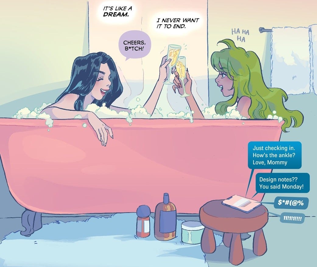 Caroline and Lottie enjoy champagne in a tub. Lottie is ignoring all messages on her phone.
