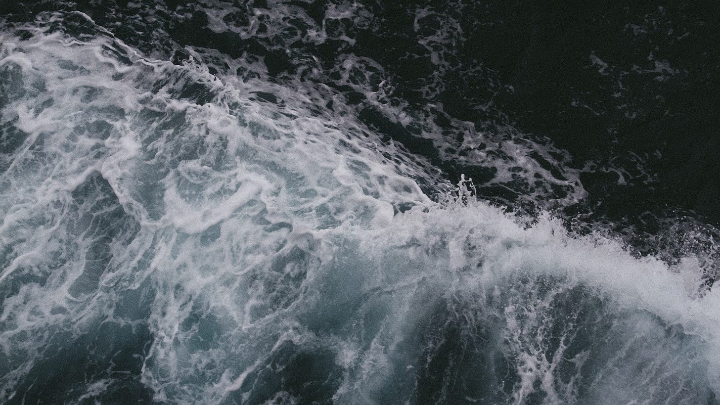 A photograph of an ocean wave - the ocean itself is dark navy, almost black. The froth and foam on top of the wave is a bright white, while the wave itself is a cold pale blue. A photograph of an ocean wave - the ocean itself is dark navy, almost black. The froth and foam on top of the wave is a bright white, while the wave itself is a cold pale blue.