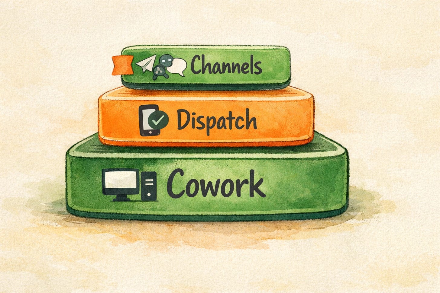 Stack diagram showing Cowork Dispatch and Channels as three layers building on each other