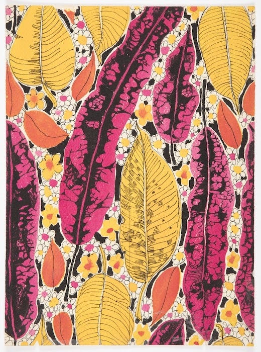 Foglie oblunghe e multicolori disegnate con pennello e acquerello giallo, rosa e rosso-arancio, penna e inchiostro nero, grafite su carta crema. Foglie oblunghe e multicolori disegnate con pennello e acquerello giallo, rosa e rosso-arancio, penna e inchiostro nero, grafite su carta crema.