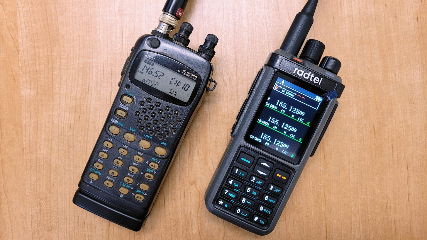 Icom IC-W32A (old) and Radtel RT-880 (right)