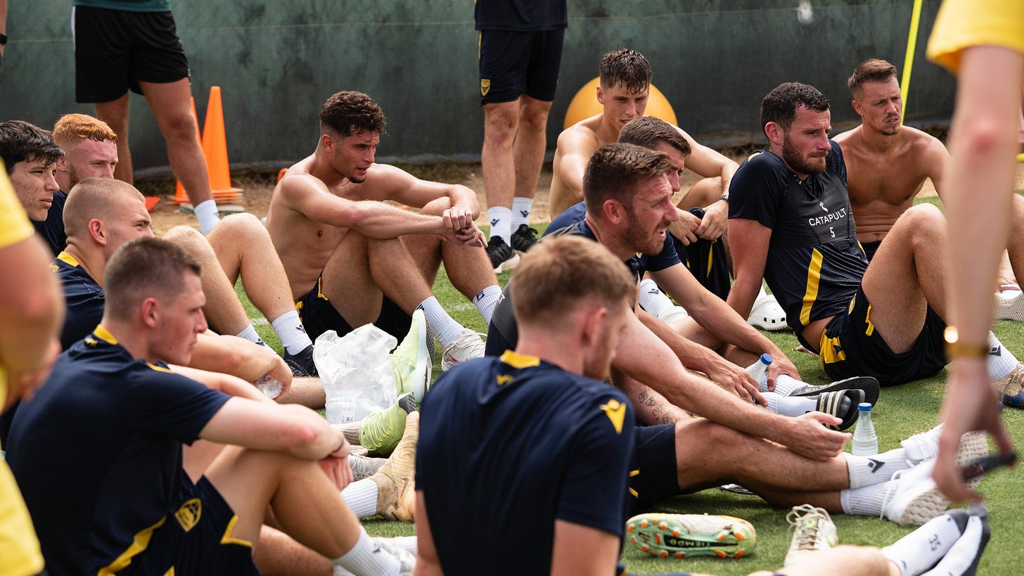 The players listen to Liam Manning after a tough session on day four of pre-season camp in Spain.