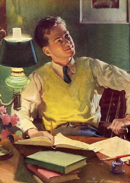This may contain: a painting of a man sitting at a desk with books and a guitar in front of him