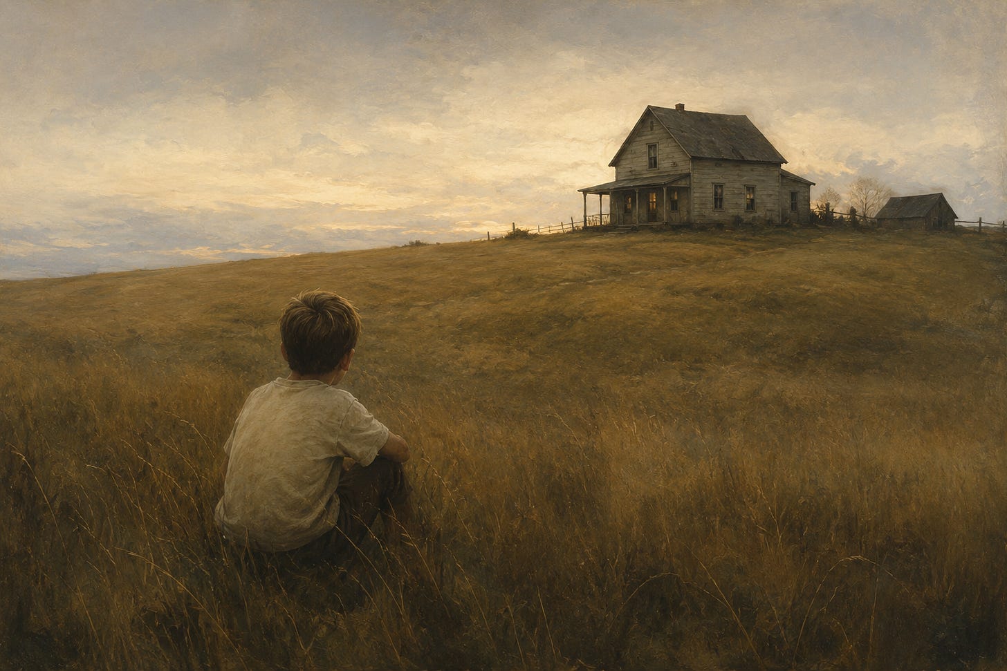 A cinematic, painterly landscape showing a child seated alone in a field of tall golden grass, quietly looking toward an old farmhouse perched on a hill. Warm earth tones and soft evening light create a contemplative atmosphere, evoking themes of memory, belonging, and the enduring influence of the places that shape our lives. A cinematic, painterly landscape showing a child seated alone in a field of tall golden grass, quietly looking toward an old farmhouse perched on a hill. Warm earth tones and soft evening light create a contemplative atmosphere, evoking themes of memory, belonging, and the enduring influence of the places that shape our lives.