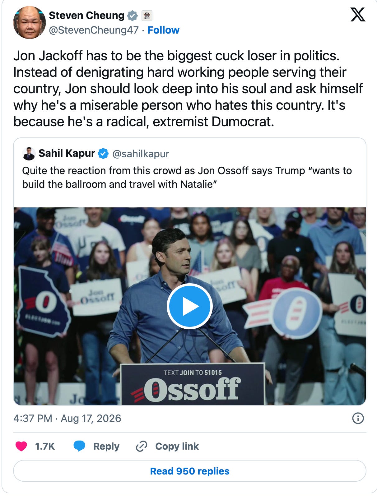 Cheung: Jon Jackoff has to be the biggest cuck loser in politics. Instead of denigrating hard working people serving their country, Jon should look deep into his soul and ask himself why he's a miserable person who hates this country. It's because he's a radical, extremist Dumocrat. Cheung: Jon Jackoff has to be the biggest cuck loser in politics. Instead of denigrating hard working people serving their country, Jon should look deep into his soul and ask himself why he's a miserable person who hates this country. It's because he's a radical, extremist Dumocrat.