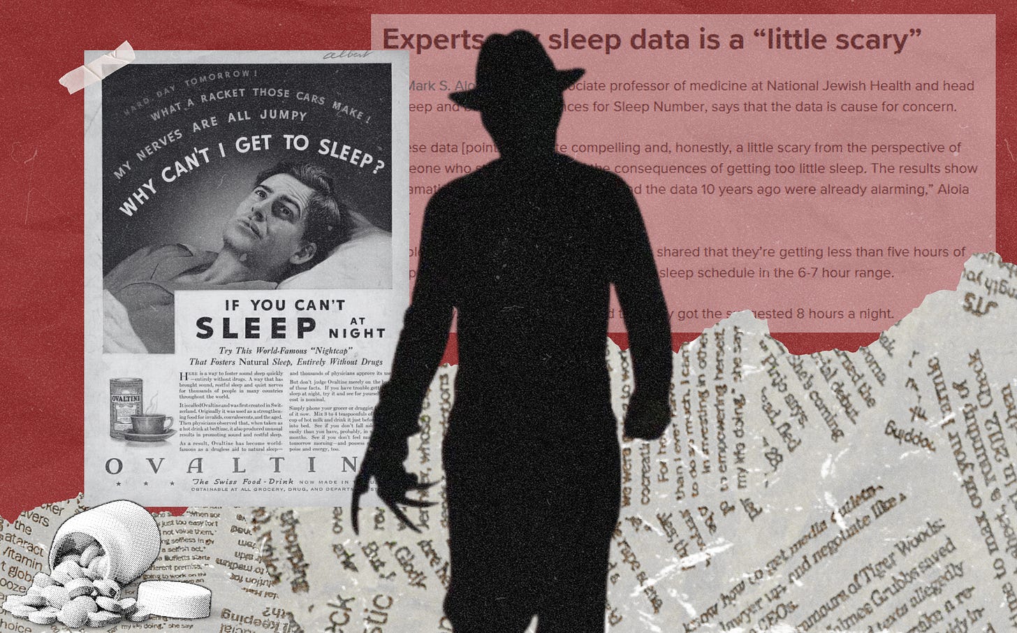 A silhouetted figure with a bladed glove stands against a collage of vintage sleep advertisements and torn newsprint.