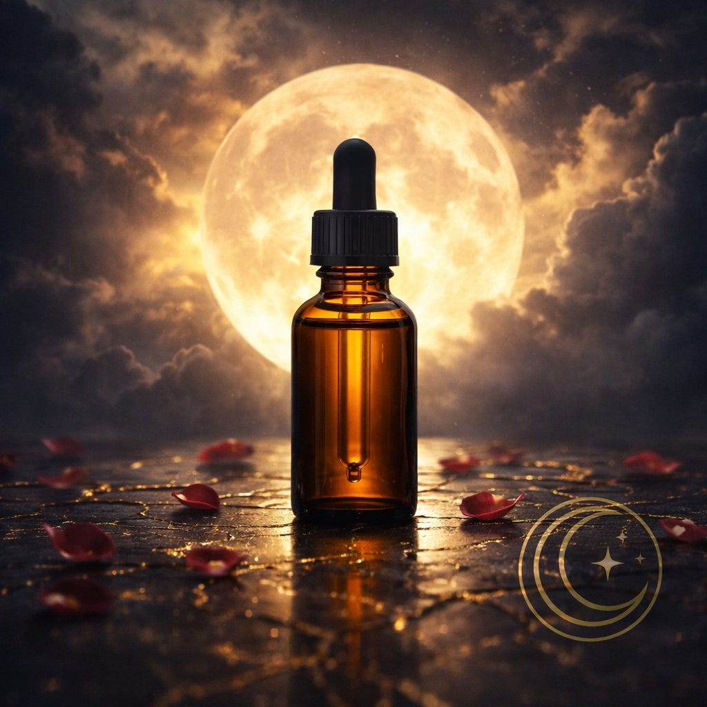MoonInMental aromatherapy image for Full Moon in Libra week March 2026. Amber bottle with full moon glow and rose petals on dark stone representing nervous system support through relationship clarity and Venus Uranus disruption.