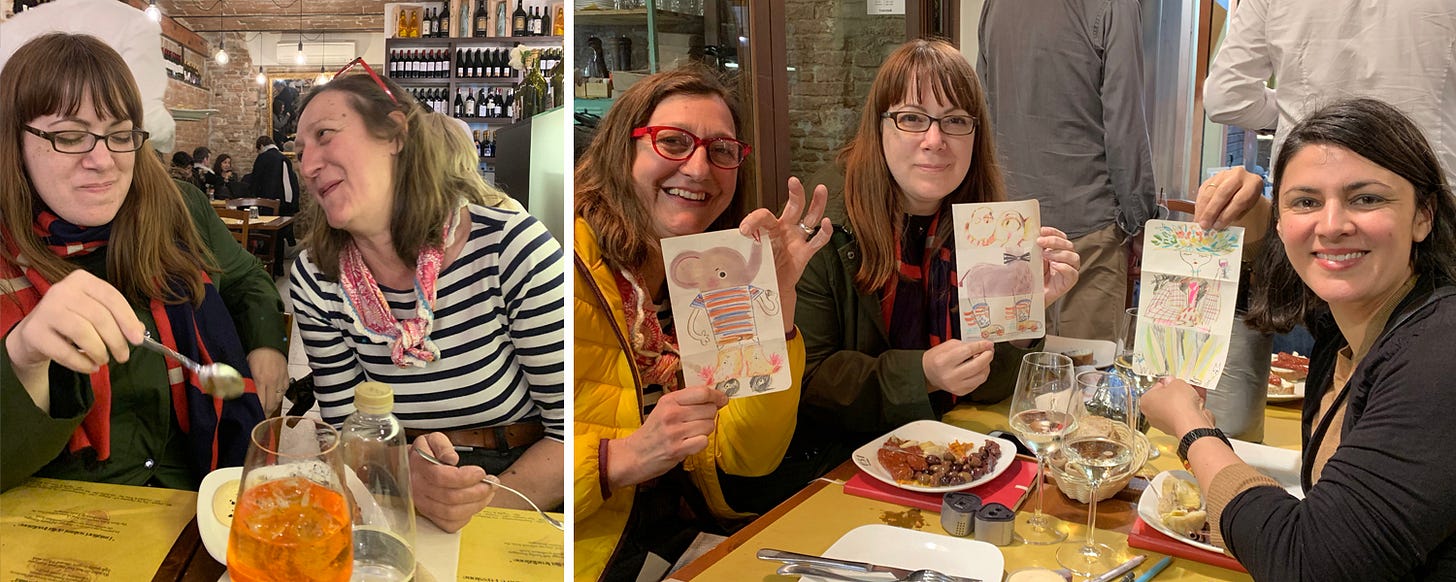 Left: Tanja cracking me up as usual. Right: A round of Exquisite Corpse