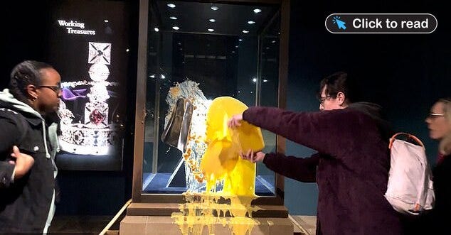 Take Back Power activists pouring custard on Crown Jewels display case at Tower of London, December 6 2025 - The Daily Sceptic called them Marxist for this, but their actual demands are democratic reform through citizens' assemblies. Read why the label doesn't fit. https://thealmightygob.substack.com/p/when-marxist-just-means-i-dont-like