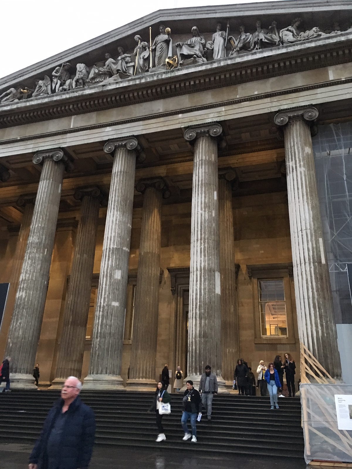 Outside pillars and steps of the British Museum in London