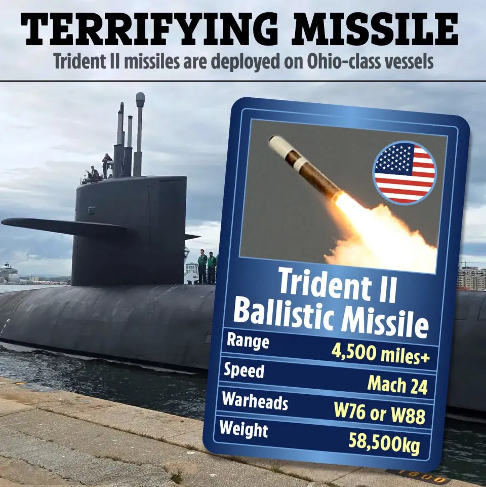 Illustration of a Trident II ballistic missile being launched from an Ohio-class submarine, with missile specifications listed. Illustration of a Trident II ballistic missile being launched from an Ohio-class submarine, with missile specifications listed.