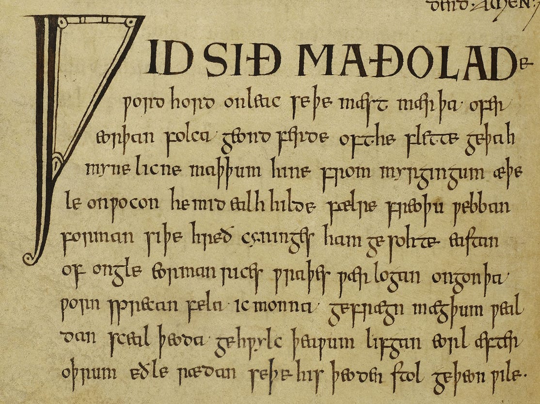The first lines of the poem Widsith in the Exeter Book (folio 84v)
