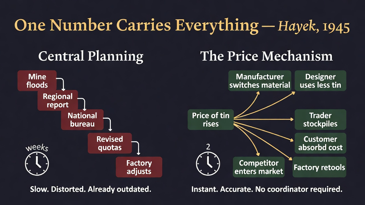 A clean two-path comparison infographic on dark navy background (#1A1A2E). Left path (dark red, labelled "Central Planning"): a long chain of boxes connected by downward arrows: "Mine floods" to "Regional report" to "National bureau" to "Revised quotas" to "Factory adjusts." A clock icon shows weeks passing. Caption: "Slow. Distorted. Already outdated." Right path (dark green, labelled "The Price Mechanism"): a single box "Price of tin rises" with arrows fanning instantly outward to six nodes: "Manufacturer switches material," "Designer uses less tin," "Trader stockpiles," "Customer absorbs cost," "Competitor enters market," "Factory retools." A clock icon shows seconds passing. Caption: "Instant. Accurate. No coordinator required." Gold serif title: "One Number Carries Everything — Hayek, 1945." Minimal, clean, textbook quality. Square 1:1.