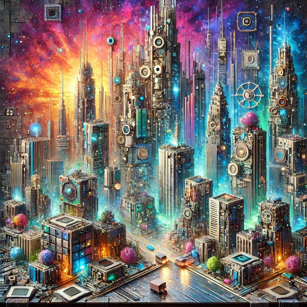 A mixed-media artwork of a futuristic city constructed using found objects and paint. The city features abstract skyscrapers made from recycled materials such as metal scraps, glass fragments, and circuit boards, integrated with vibrant painted details. The background includes a glowing, otherworldly sky in shades of purple, orange, and blue. The ground level showcases a blend of urban elements like small parks with painted greenery and streets detailed with textures from reused materials. Lighting is dynamic, with reflections of neon lights and painted highlights creating a surreal yet cohesive composition. Created using a mix of recycled material aesthetics, layered brushwork, vibrant colors, intricate textural contrasts, high detail in objects, expressive lighting effects, and a focus on blending physical textures with painted elements. HD rendering.