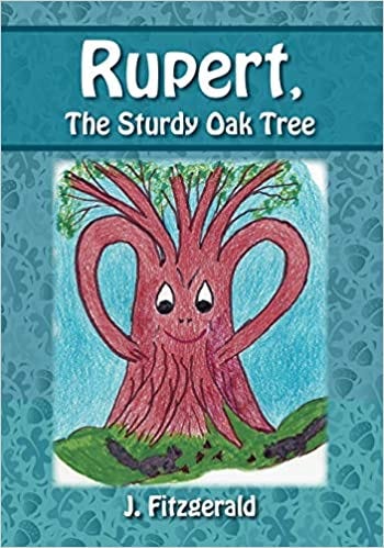 children's book cover with blue design of acorns and oak leaves and drawing of smiling oak tree and squirrels