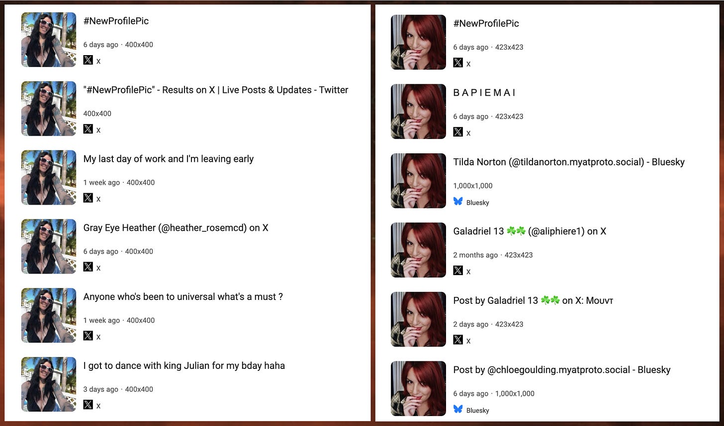 Google image search results showing that the photos used by the spam accounts have also been used elsewhere on the internet