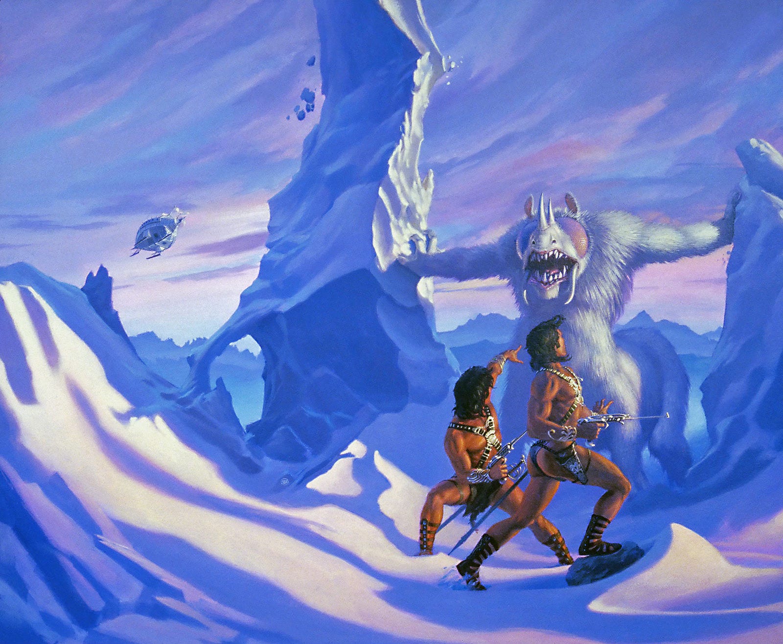 Two scantily clad Barsoomian men carrying laser pistols are caught by surprise on a polar landscape by a large wooly beast. The creature has a body like a yeti, covered all in white fur, but its lower half is four-legged like a stocky pachyderm. It has large insectile eyes and rhino-like horns protruding from its snout. Two tusks extend from the corners of its mouth, which is open exposing uneven pointed teeth. Two scantily clad Barsoomian men carrying laser pistols are caught by surprise on a polar landscape by a large wooly beast. The creature has a body like a yeti, covered all in white fur, but its lower half is four-legged like a stocky pachyderm. It has large insectile eyes and rhino-like horns protruding from its snout. Two tusks extend from the corners of its mouth, which is open exposing uneven pointed teeth.