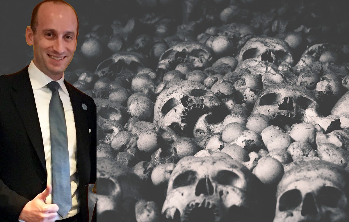 Stephen Miller giving thumbs up in front of skull collection Stephen Miller giving thumbs up in front of skull collection