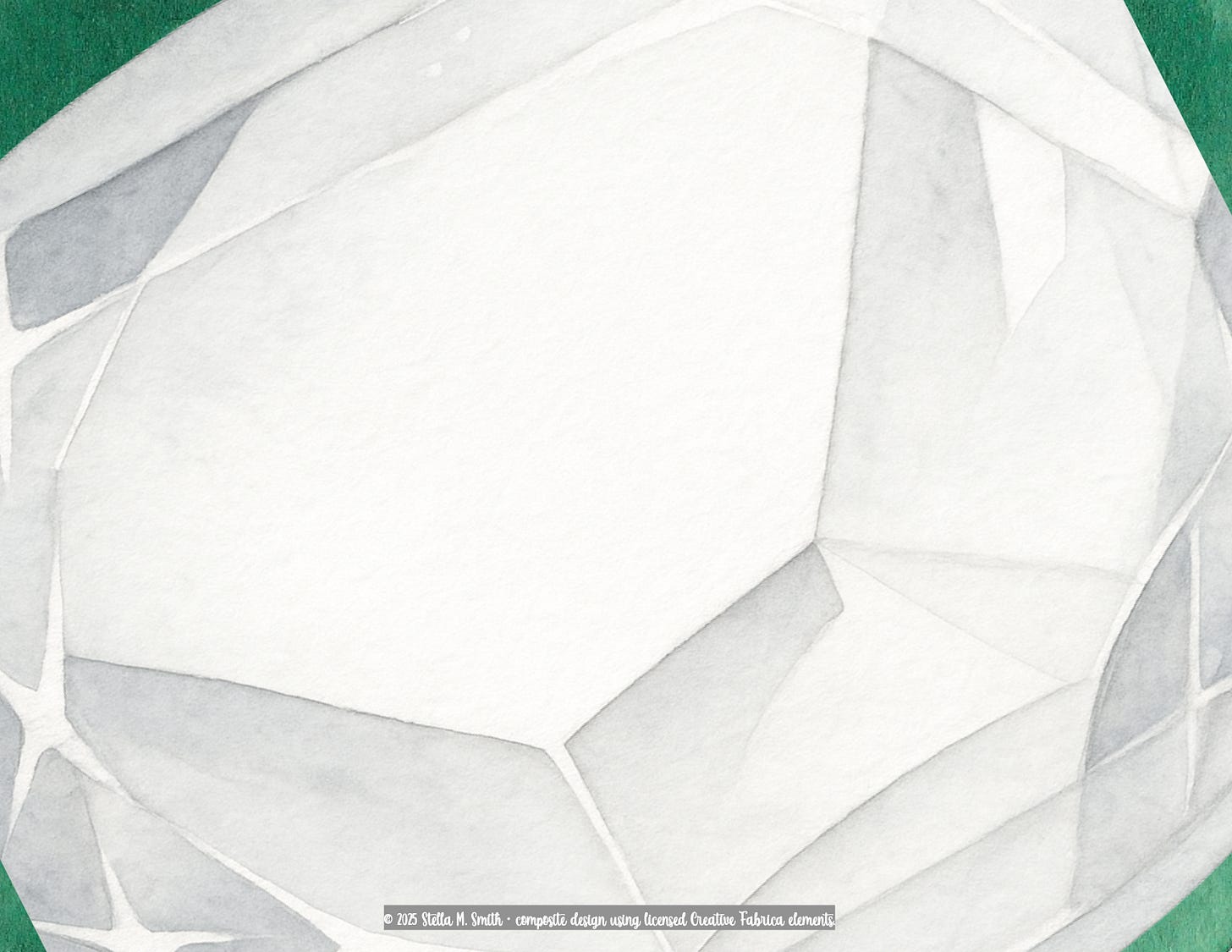 A watercolor illustration of a large faceted white gemstone with soft gray shadows. The jewel fills most of the frame, glowing gently with a translucent, mirror-like quality. A muted green background peeks around the edges, emphasizing the quiet Peace.