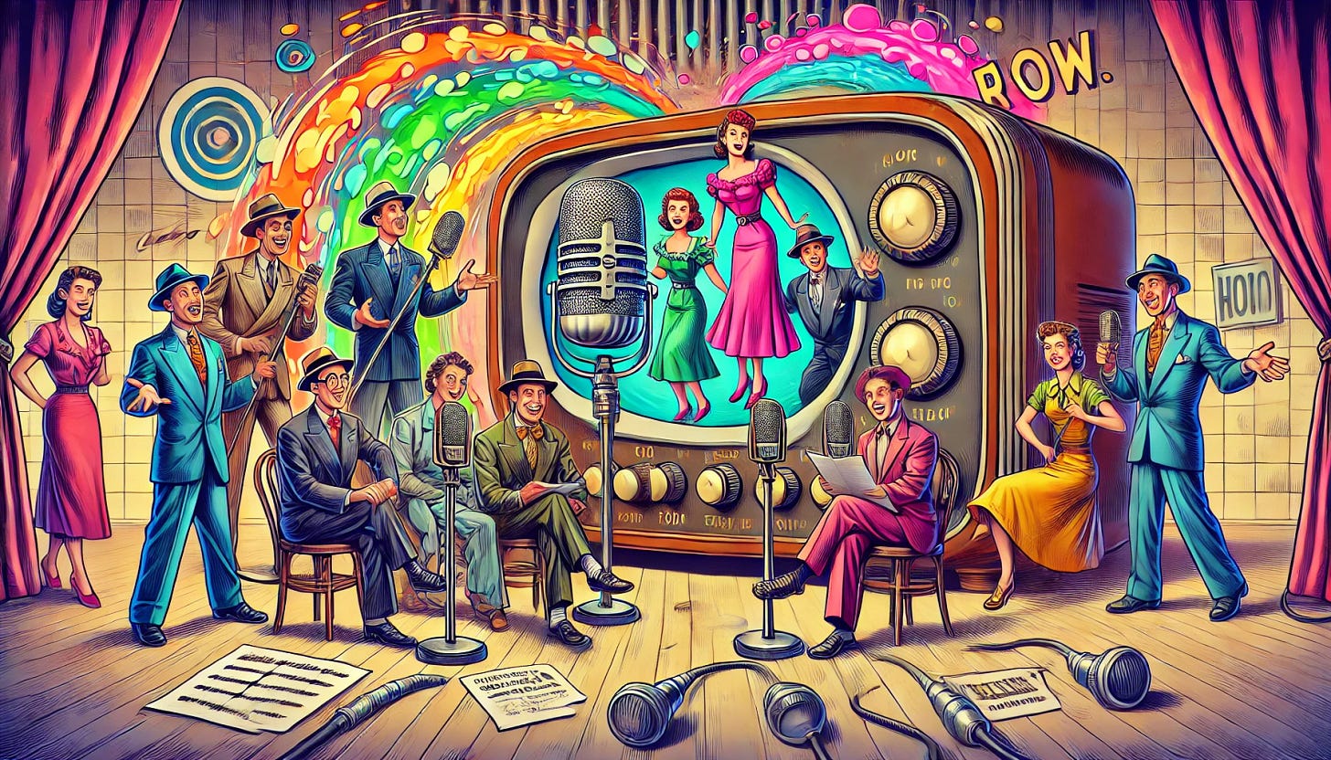 A vibrant, cartoon-style scene in a vintage 1950s recording studio. A group of voice actors for a classic radio soap opera stand around large, retro microphones, dressed in period attire—men in fedoras and suits, women in dresses with 1950s hairstyles. They are humorously being pulled through a large, old-fashioned radio with big knobs and dials that morphs into a vintage television on the other side. The actors reappear on the television screen in exaggerated, dramatic soap opera poses, with expressive faces and gestures. The setting includes colorful sound waves and swirling energy to emphasize the transformation from radio to television, blending elements of both eras. The style is whimsical and vibrant, capturing the playful shift from radio to visual media in an energetic and cartoonish fashion.