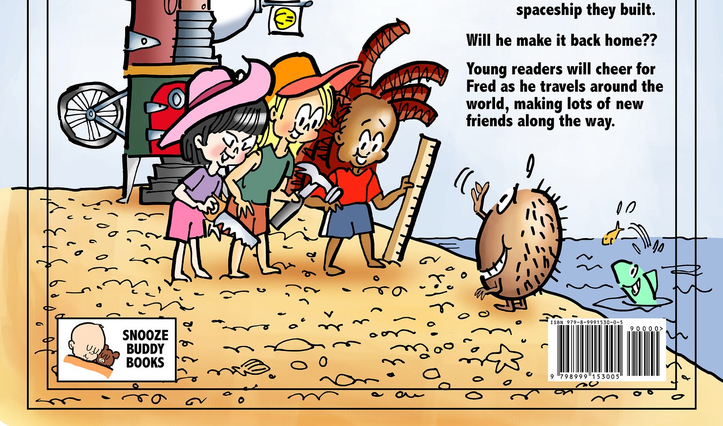 Back cover of Mark Armstrong's children's book, "Fred the Coconut," with part of blurb, imprint name and logo, and barcode with ISBN and price. Fred the coconut has washed up on beach and is meeting three young girls who have built a rocket ship.