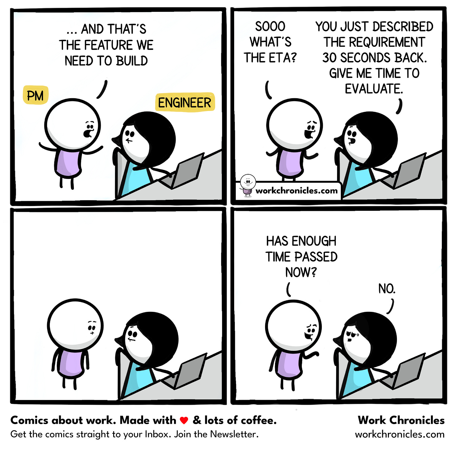A joke about a product manager insisting about the E.T.A of a project with a developer