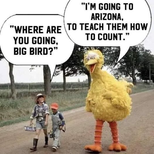 "Where are you going, Big Bird?" "I'm going to Arizona, to teach them how to count!" "Where are you going, Big Bird?" "I'm going to Arizona, to teach them how to count!"