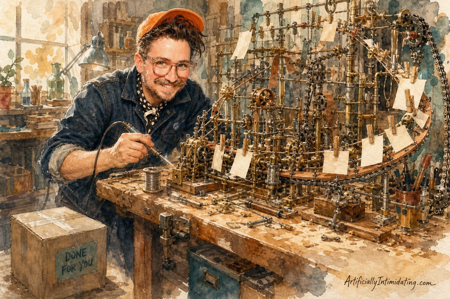 A watercolor workshop. A man in denim and an orange cap grins while soldering an enormous homemade contraption of brass pipes, chains and pulleys carrying little paper notes on a loop. On the floor, a sealed dusty appliance box labelled "DONE FOR YOU" sits unopened.If this picture looks like a good Saturday to you, keep your money.