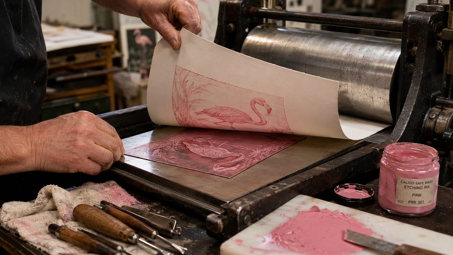 Close-up of an intaglio printing press embossing a pink flamingo engraving onto paper