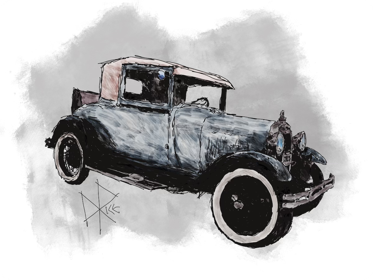 1928 Ford Model A sport coupe, with its rumble seat open. Sketch art by Don Rice. 1928 Ford Model A sport coupe, with its rumble seat open. Sketch art by Don Rice.