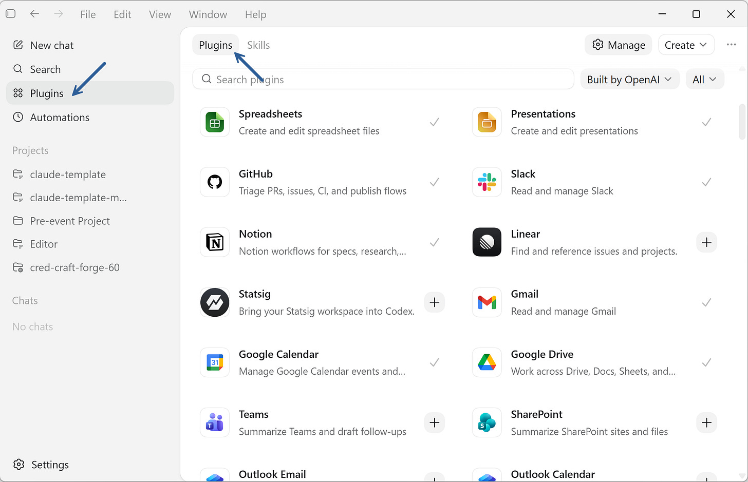 The Codex app ships with a Plugins panel. One click installs Gmail, Linear, Jira, Slack, and others. You get the app’s connection and its skills together.