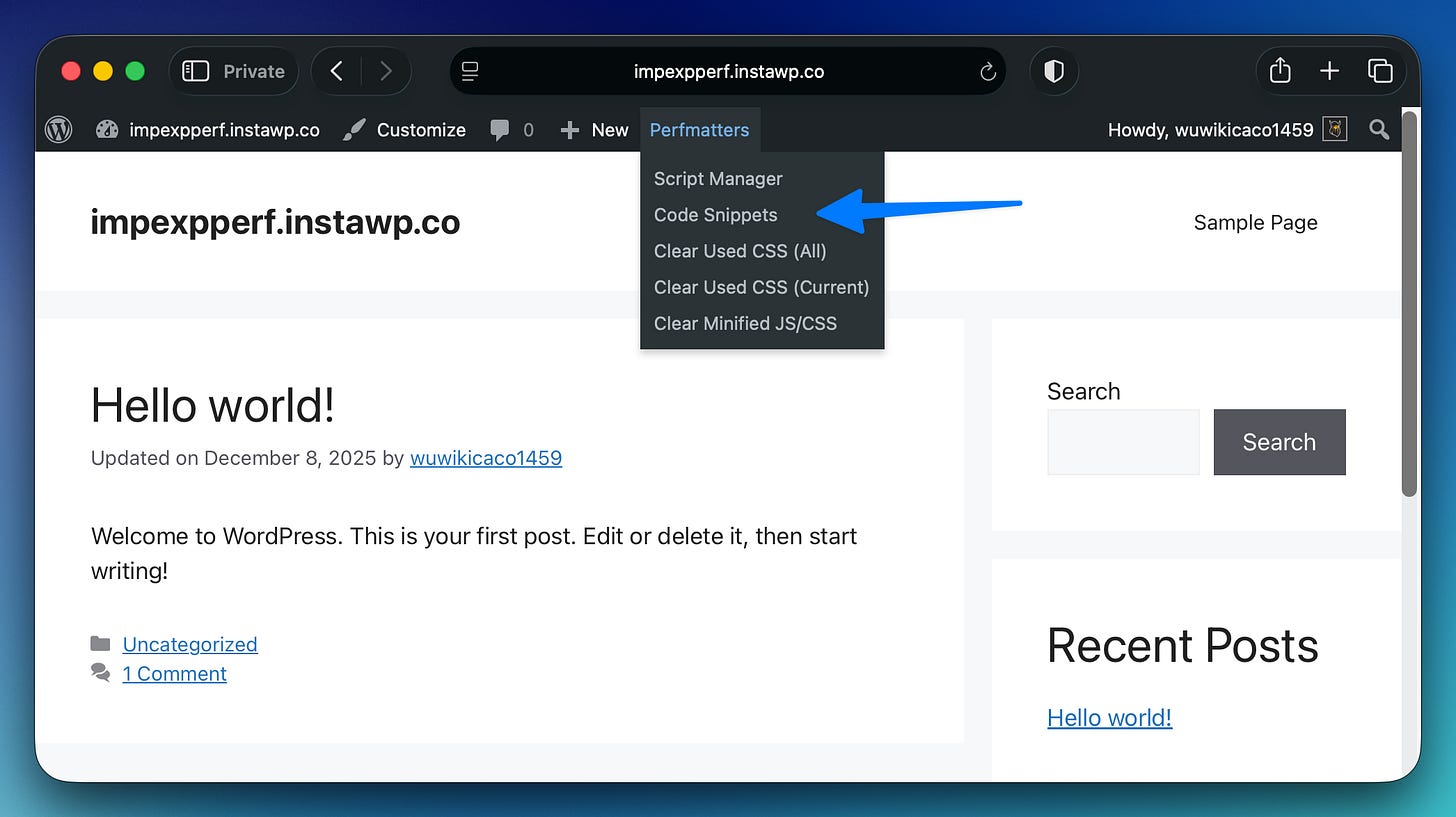 Code snippets in admin bar Code snippets in admin bar