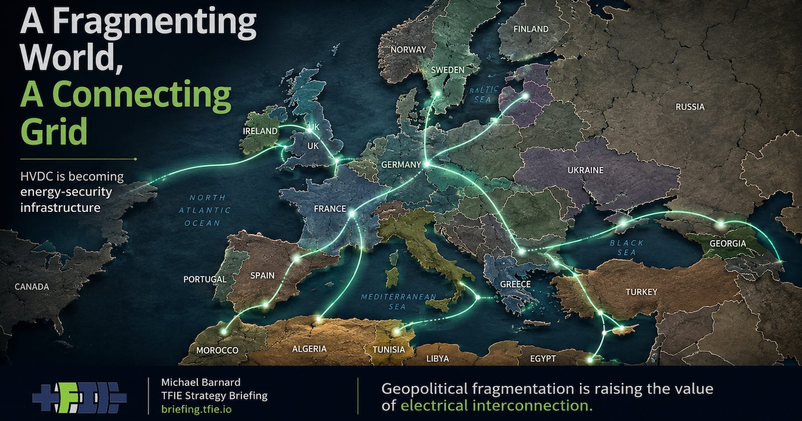Cross-border HVDC links span politically fragmented regions, illustrating electricity interconnection as an energy-security strategy.