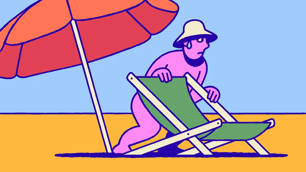 A stylized illustration of a pink nude man hiding behind a beach chair.  