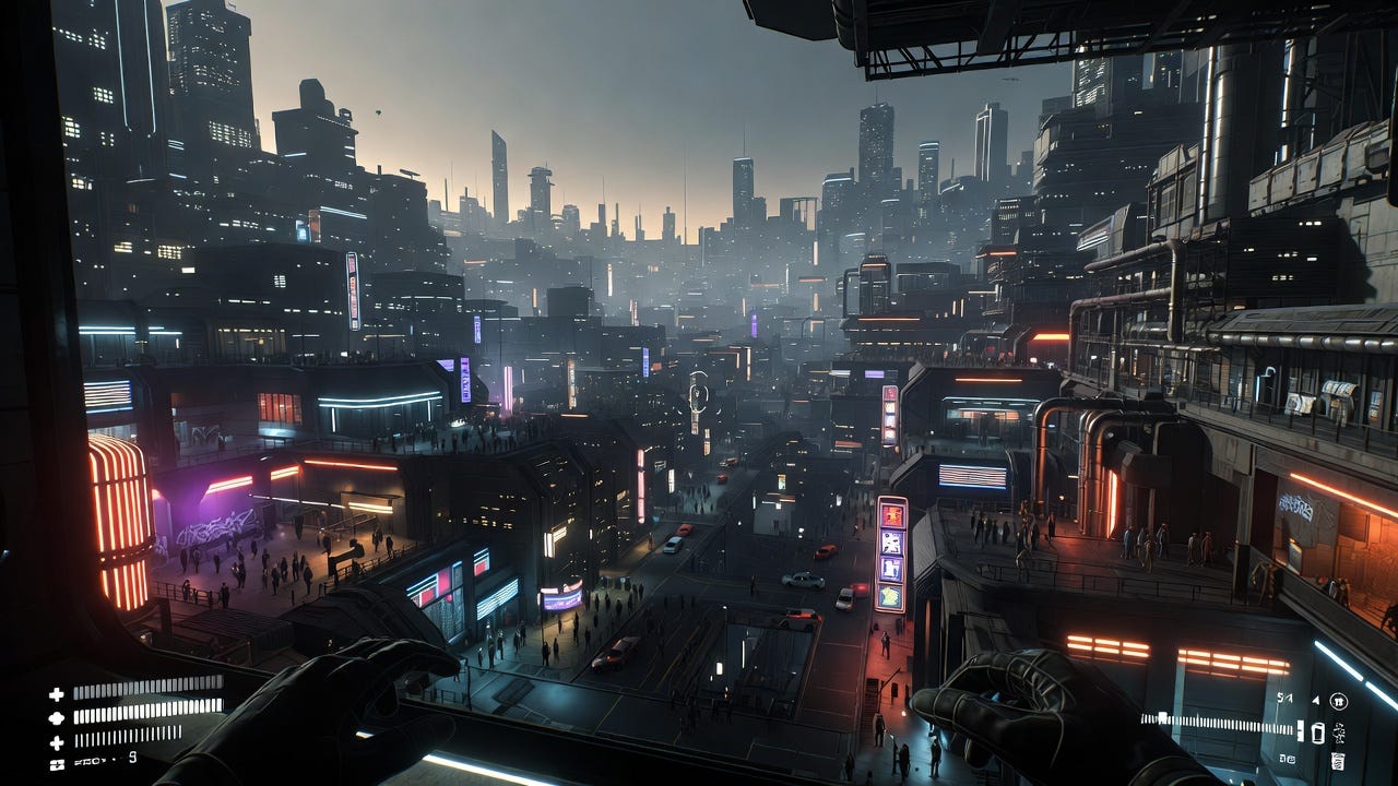 a screenshot for an "immersive sim" role-playing game, cyberpunk aesthetic, first-person perspective, vast multilayered city, street level, populous, future, high detail, limited UI, asymmetrical, dynamic, character's hands in foreground
