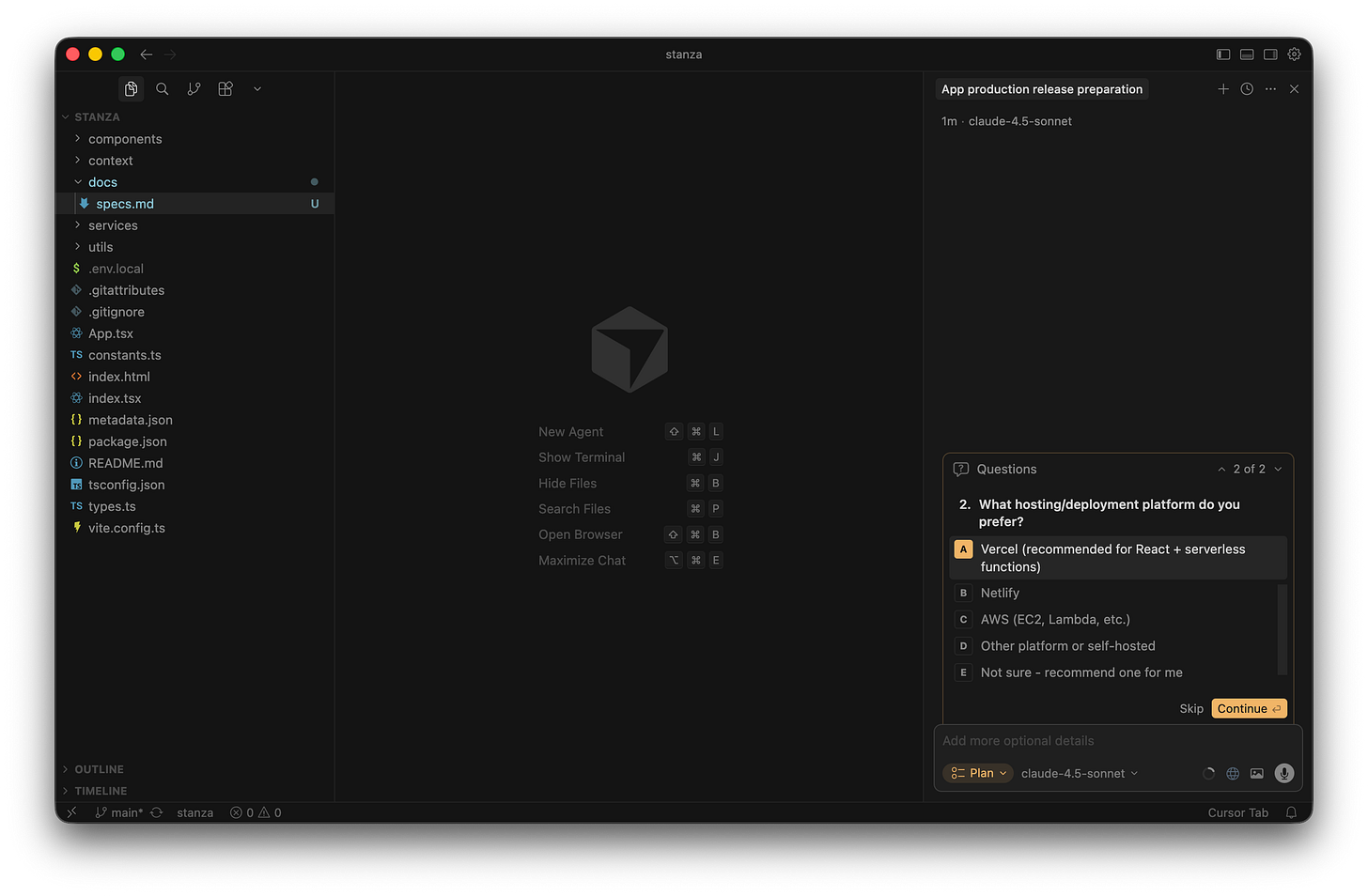 A chat interface shows a multiple-choice question about deployment platforms with the Vercel option highlighted. A chat interface shows a multiple-choice question about deployment platforms with the Vercel option highlighted.