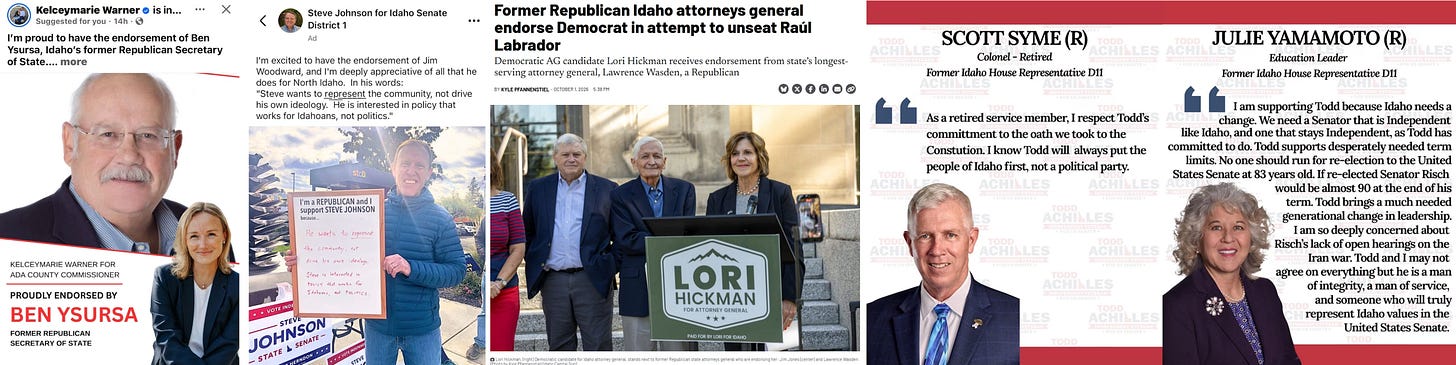Collage of endorsements: Ben Ysursa for Kelceymarie Warner for Ada County commissioner; Jim Woodward for independent Steve Johnson for Senate District 1; Lawrence Wasden and Jim Jones with Democrat Lori Hickman for attorney general; and Scott Syme and Julie Yamamoto for Todd Achilles for U.S. Senate.