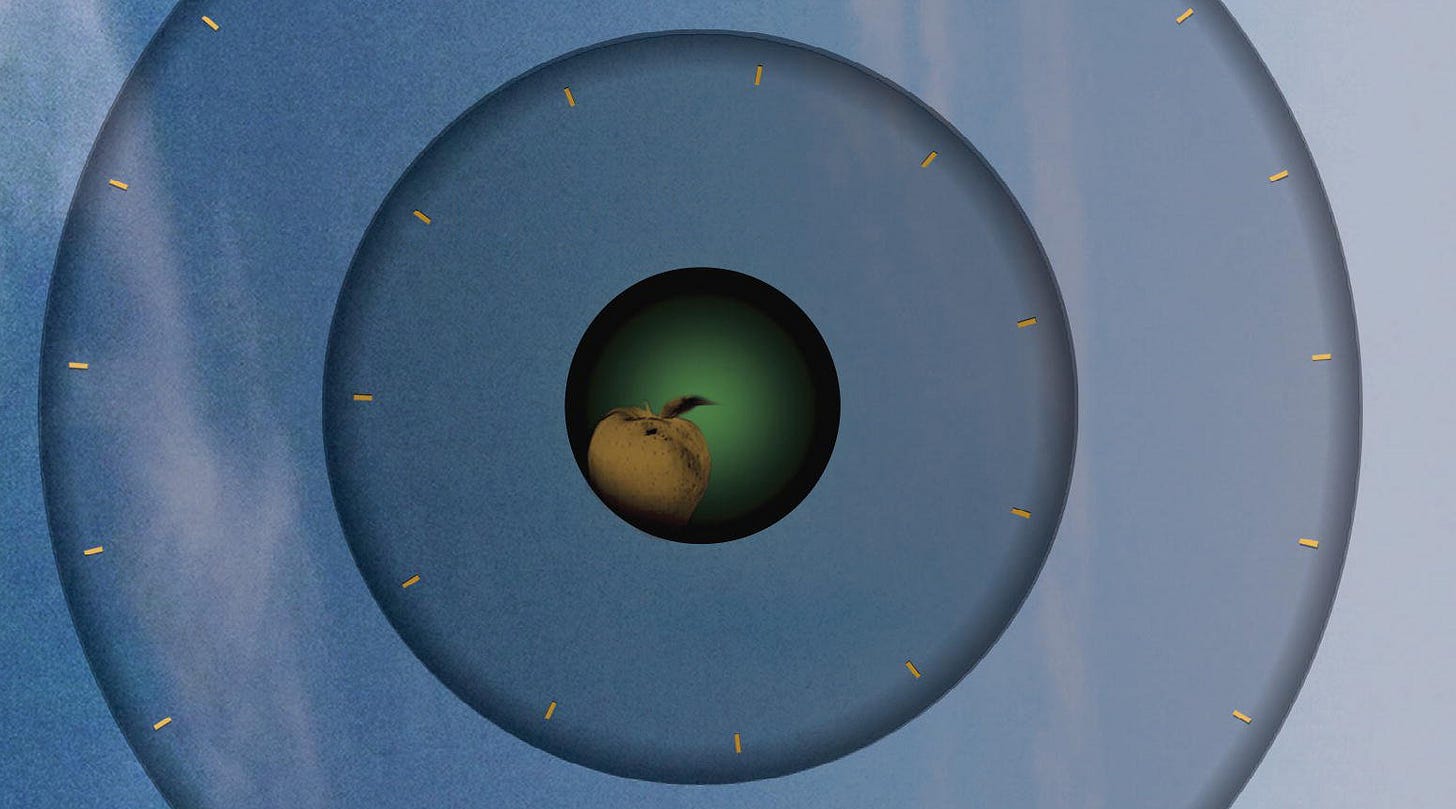 Inside a series of nested cut-out circles, each of which contains increasingly darker blue sky and clouds, a faded monochrome brown illustration of an apple sits against a glowing green background. The blue circles are scored around their outside edges with yellow tickmarks, reminscent of clocks but not matching the number or distribution of hour markers. Inside a series of nested cut-out circles, each of which contains increasingly darker blue sky and clouds, a faded monochrome brown illustration of an apple sits against a glowing green background. The blue circles are scored around their outside edges with yellow tickmarks, reminscent of clocks but not matching the number or distribution of hour markers.
