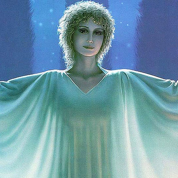 LEFT: Detail from PATH'S END cropped off center, featuring a woman with arm out at shoulder height resting her hand down on a rough stone column. A weathered chain hangs in the channel of the eroded stone. Light illuminates her white gown so her figure can be seen in silhouette. RIGHT: Close Detail from PATH’S END featuring a woman in white gown. Her golden hair is short and wavy, glowing at the edges. Illuminated in white, she looks angelic but a hint of warmth filters through her expression in the slight tilt of her head and glassiness of her brown eyes. Her stare is direct and confident. Her lips are pressed tight but ever-so-slightly upturned at the edges.