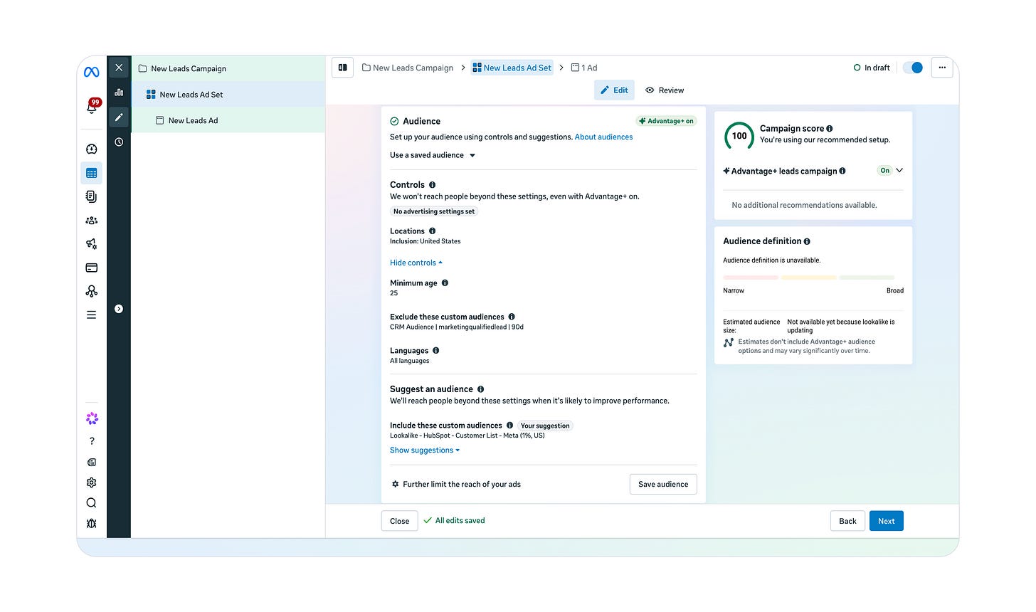 An example on how to set up targeting inside the Meta ad account for a B2B SaaS business using Advantage+.