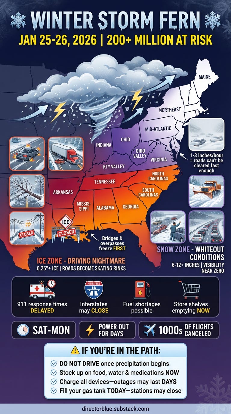 TikTok vertical format (916 aspect ratio) infographic with dark navy blue to deep purple gradient background suggesting an ominous winter storm atmosphereTOP SECTION (Header)- Bold white text WINTER STORM FERN with a subtle ice crystal textu_image_1