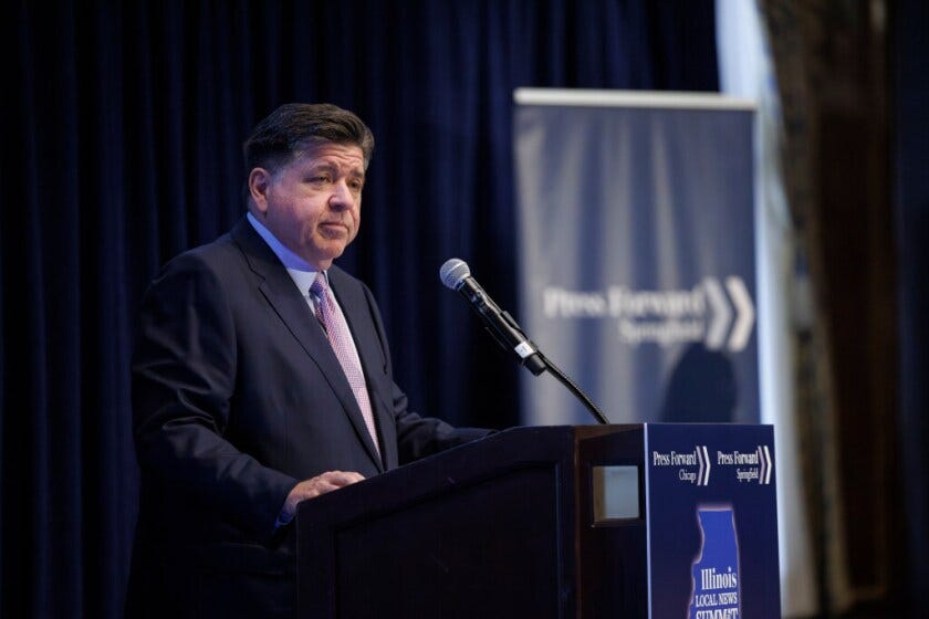 Gov. J.B. Pritzker speaks to members of the media at the Illinois Local News Summit at Union League Club at 65 W. Jackson St. in the Loop, Friday, April 10, 2026.