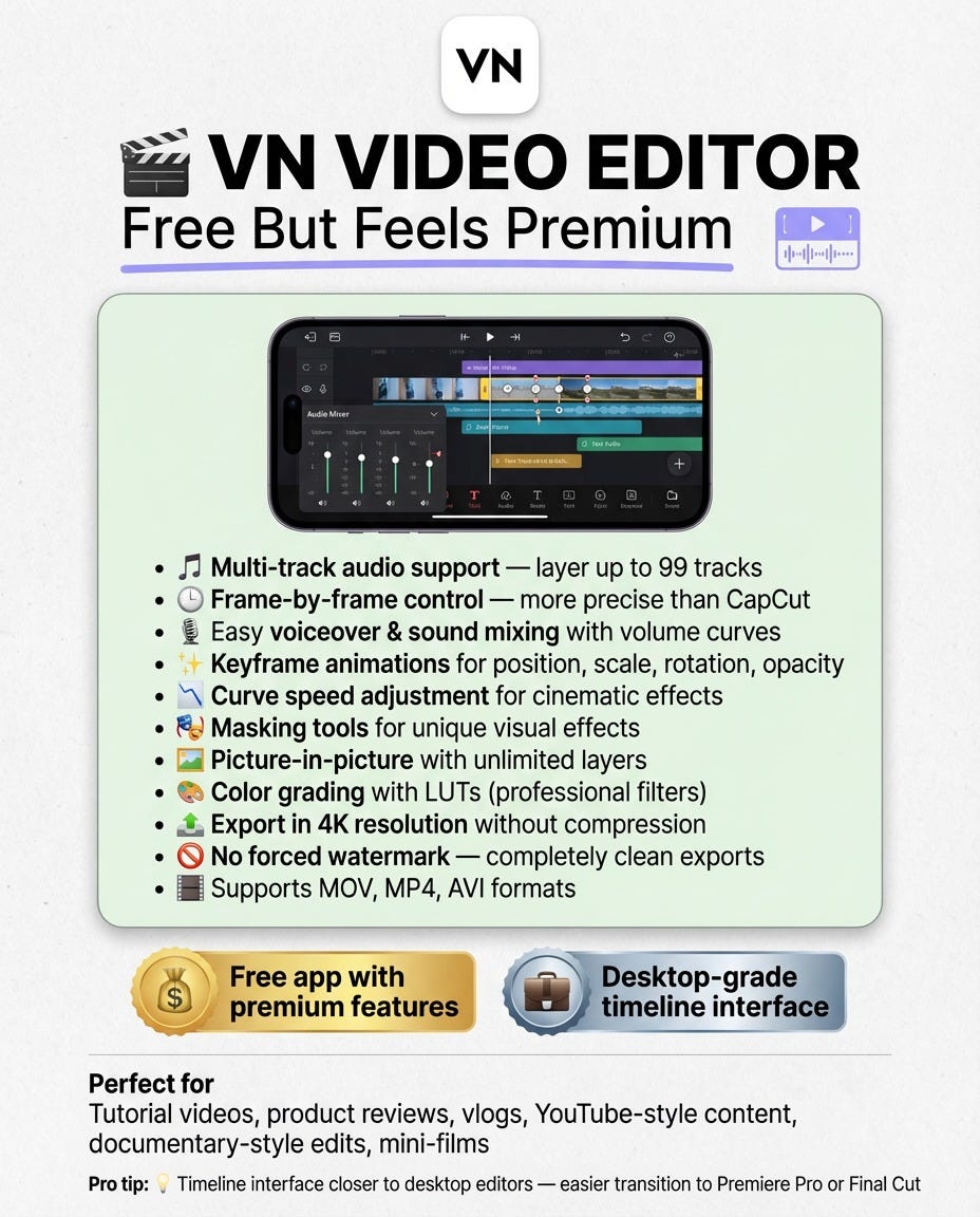 May be an image of text that says 'VN VN VIDEO EDITOR Free But Feels Premium 메-1·- Multi-track audio support layer up 99 tracks Frame-by-frame control more precise than CapCut Easy voiceover sound mixing with volume curves Keyframe animations for position, scale, rotation, opacity Curve speed adjustment cinematic effects Masking tools for unique visual effects with unlimited layers Color grading with LUTs (professional filters) Export in 4K resolution without compression No forced watermark completely clean exports Supports MO, MP4, formats Free app with premium features timeline interface Perfect for Tutorial videos, product reviews, vlogs, YouTube-style content, documentary-style edits, mini-films Timeline interface closer desktop editors transition Premiere Final'