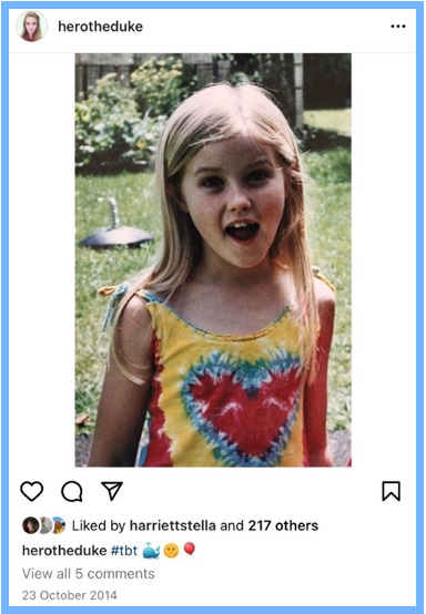 Hero posts: an image of her as a young child, grinning widely in a tye-dye shirt. Caption reads: #tbt whale emoji, sun with face emoji, balloon emoji