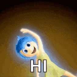 a cartoon character from inside out is saying hi while stretching her arms . a cartoon character from inside out is saying hi while stretching her arms .