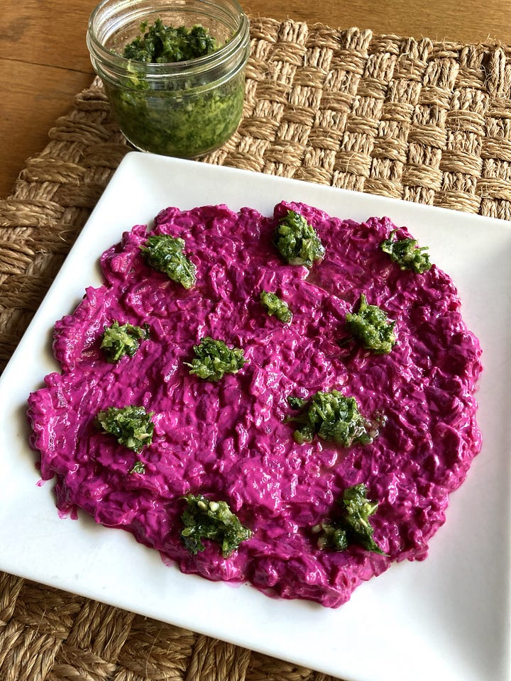 Photos of Yayla çorbası (yogurt-based soup), beet meze, garlic meze, zucchini yogurt with chickpeas