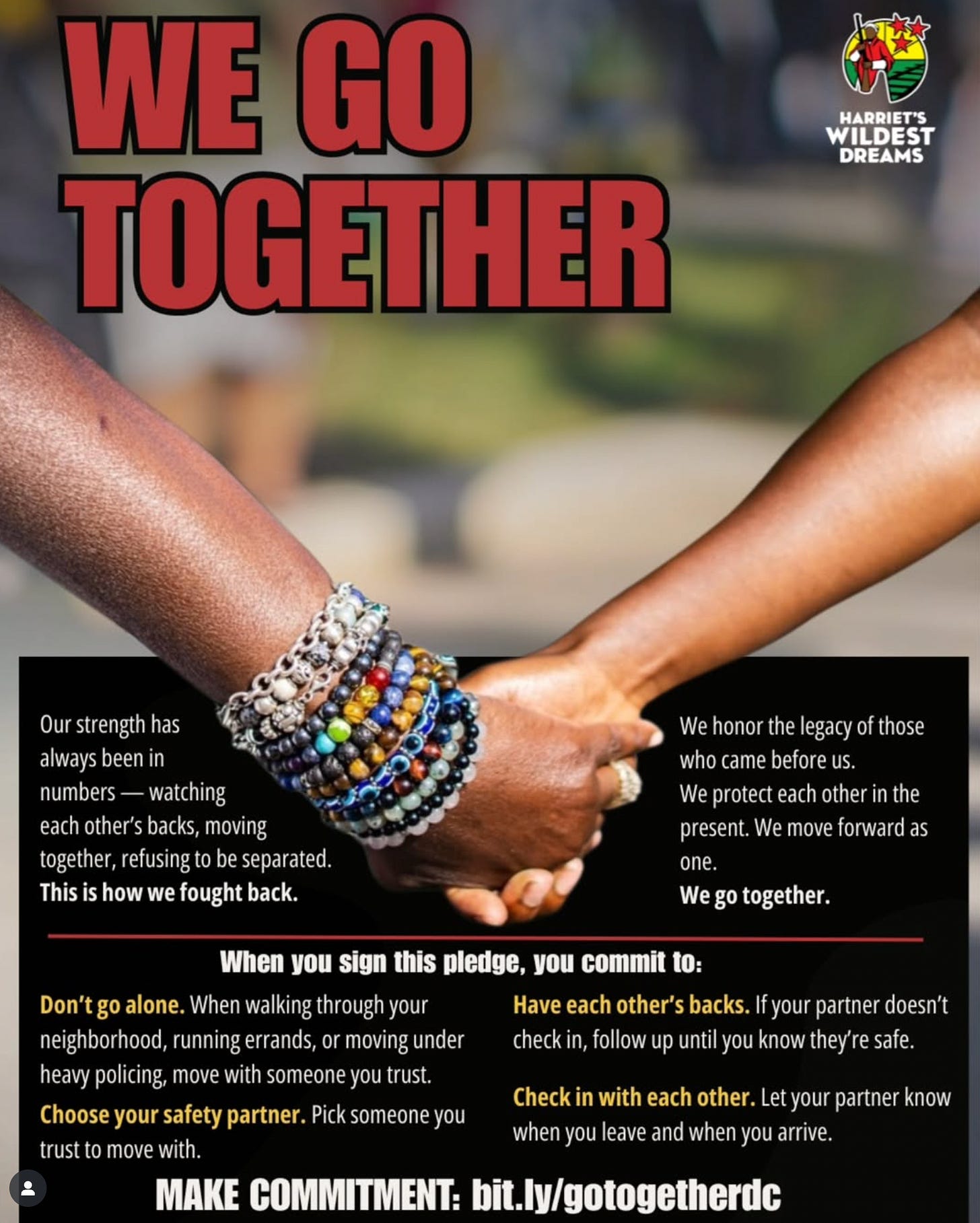 Photo of Harriet's Dreams instagram campaign. Two black people holding hands. Red text at top: "We Go Together." White text on black background below: "Our strength has always been in numbers — watching each other's backs, moving together, refusing to be separated. This is how we fought back.  We honor the legacy of those who came before us. We protect each other in the present. We move forward as one. We go together.  When you sign this pledge, you commit to:  Don't go alone. When walking through your Have each other's backs. If your partner doesn't neighborhood, running errands, or moving under check in, follow up until you know they're safe. heavy policing, move with someone you trust. Choose your safety partner. Pick someone you Check in with each other. Let your partner know when you leave and when you arrive. trust to move with.  MAKE COMMITMENT: bit.ly/gotogetherde  