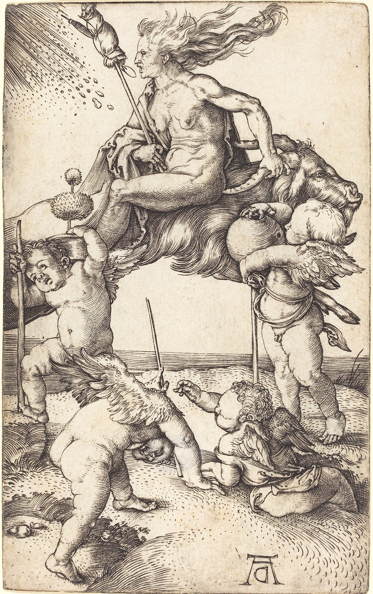 Old witch riding backward on a goat, Durer engraving Old witch riding backward on a goat, Durer engraving