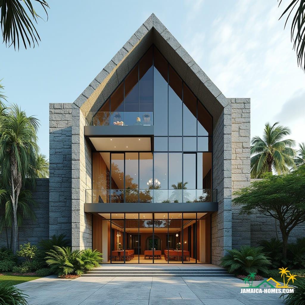 A modern multistory church building in the Caribbean, located in Jamaica, featuring a striking contrast between its two halves: one side designed with a medieval architectural style, complete with stonework, arches, and traditional details, while the other half showcases a sleek, contemporary design with expansive glass walls, clean lines, and modern materials, set against a lush tropical background.